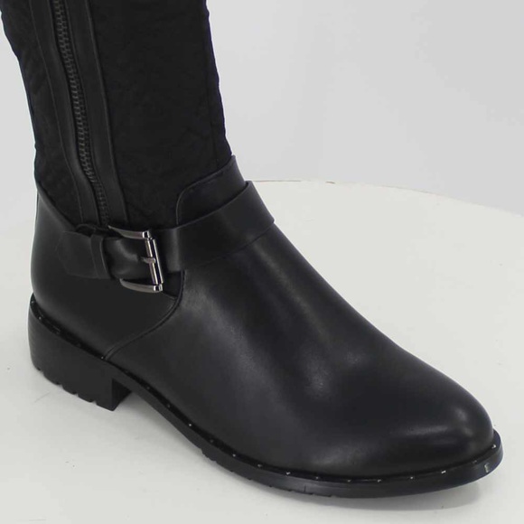 Buckle Detail Knee High Zip Lug Sole Boots in Black Faux Leather, Women’a - Picture 4 of 15
